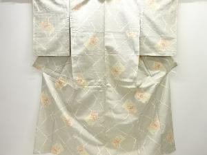 アンティーク　色紙に草花模様織り出し十日町紬単衣着物